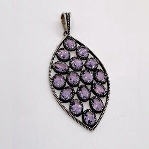 Vtg 925 PTI Amethyst & Sterling Silver Leaf Marquis Shaped Pendant | 2” L